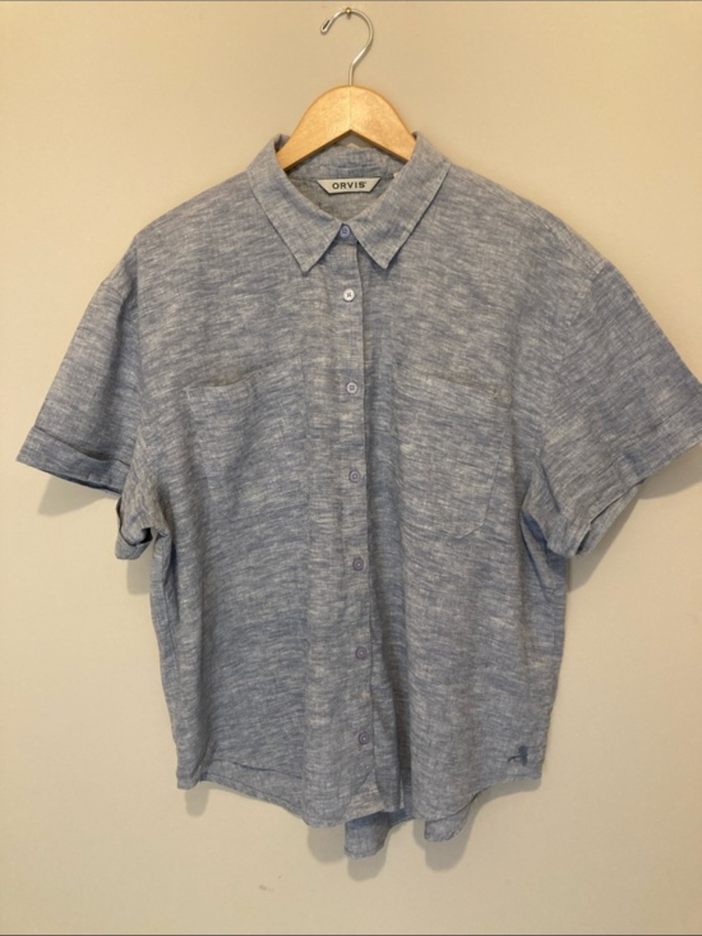 Orvis women’s linen blend Short-Sleeve Button-Down in Heathered Blue XL